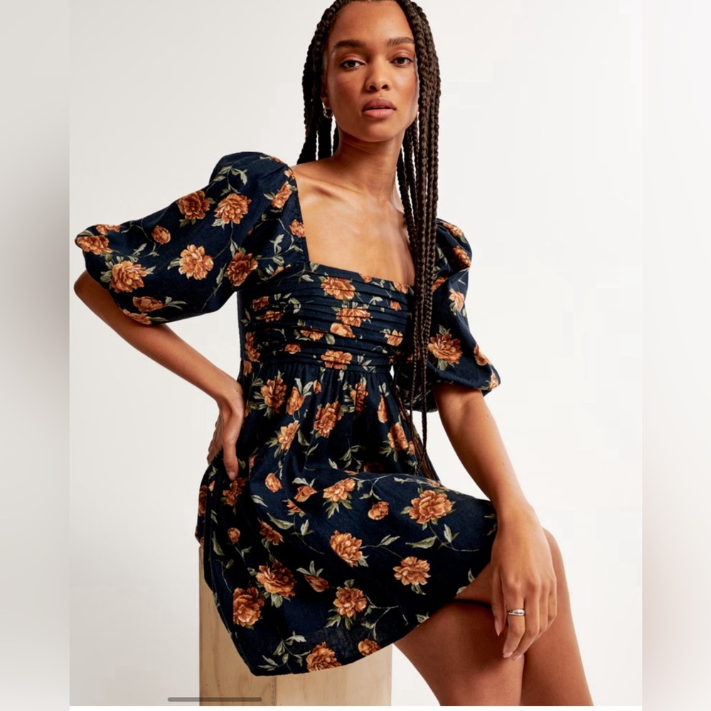 A&F Emerson Linen-Blend Puff Sleeve Mini Dress Sz XXS NWT